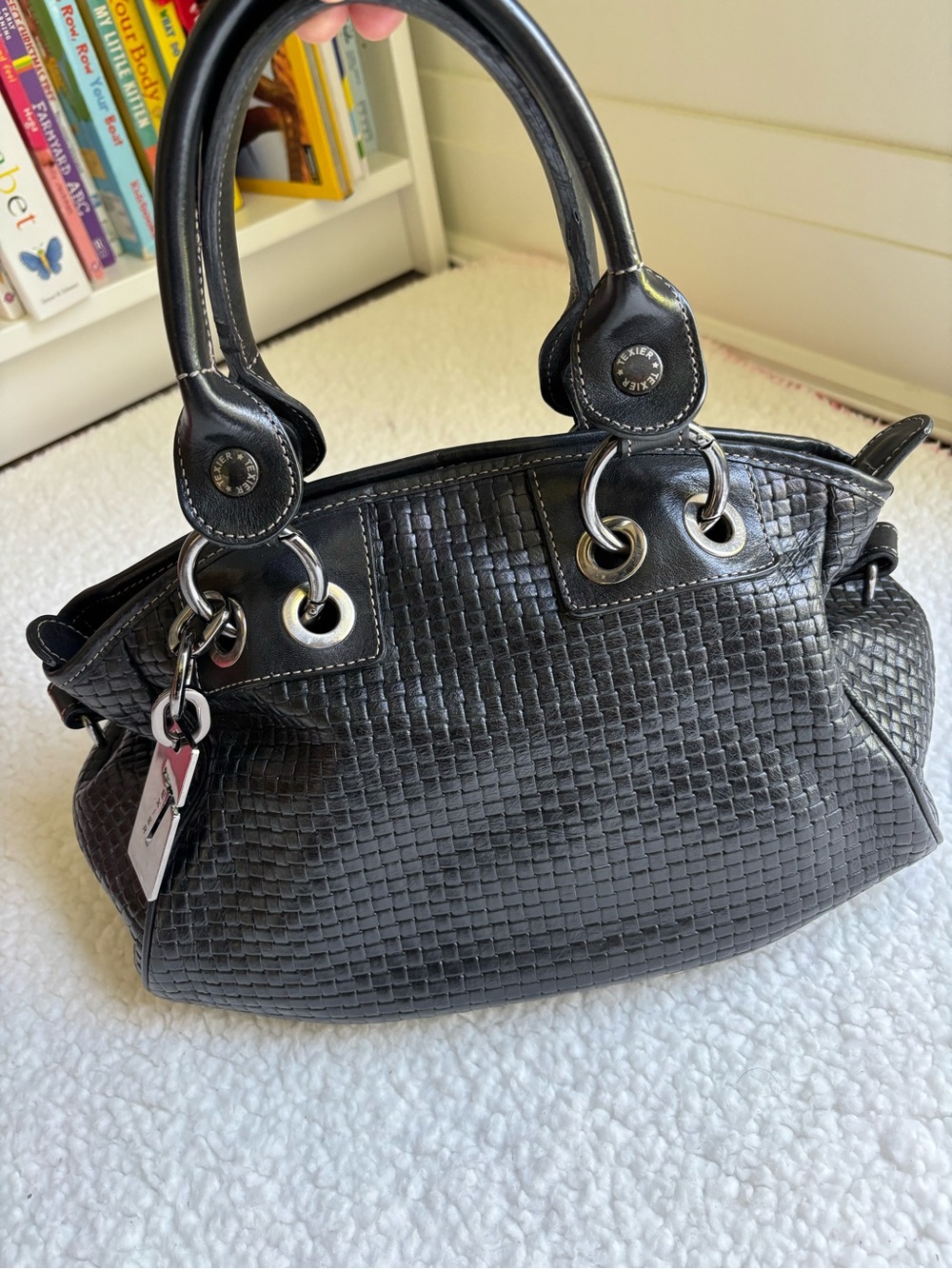 Texier French Brand Black Woven Leather Satchel Handbag